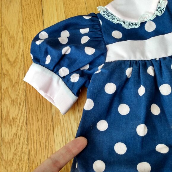 Vintage Handmade Baby Dress Blue Pink Polka Dots - Picture 7 of 14